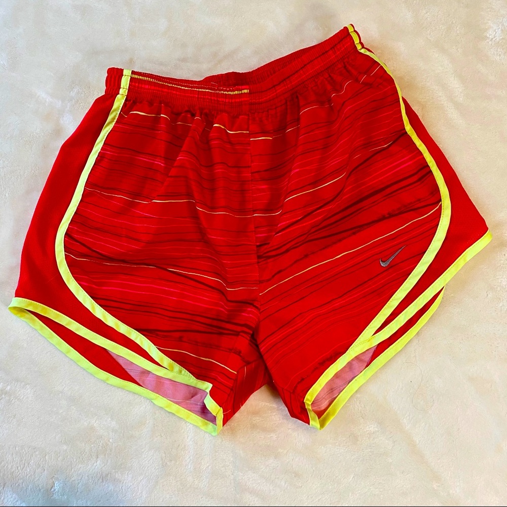Nike Women's Dri-FIT Tempo Striped Running Shorts Red Volt Yellow‎ Trim XS